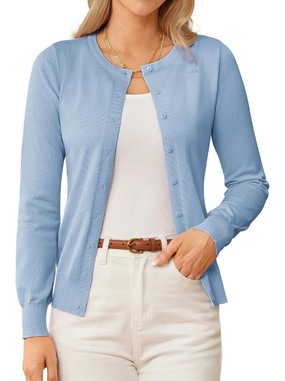 🆕Women's Light Blue Lightweight Knit Cardigan Sweater Crew Neck Button Front